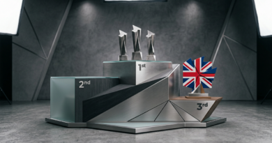 Podium with geometric shapes in blue and red accents