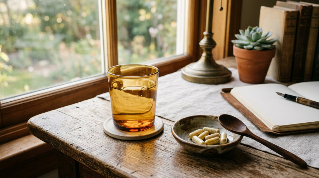 Capsules and a glass of water on a calm morning table