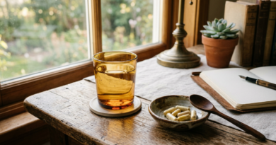 Capsules and a glass of water on a calm morning table