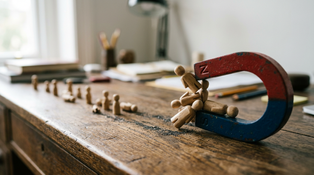 Magnet attracting small wooden figurines across a desk