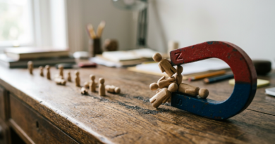 Magnet attracting small wooden figurines across a desk