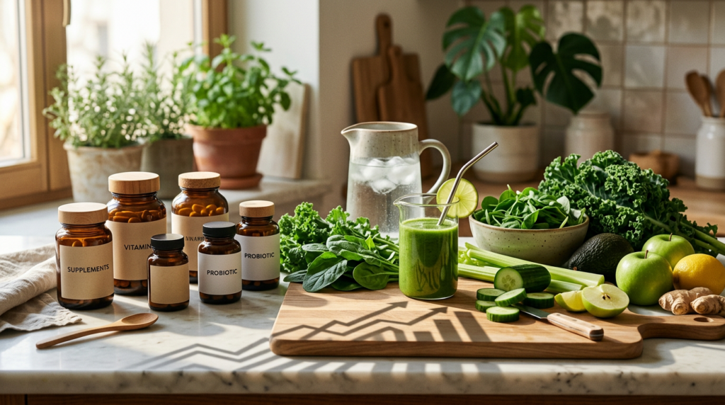 Supplement bottles and smoothie ingredients on a kitchen counter