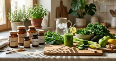 Supplement bottles and smoothie ingredients on a kitchen counter