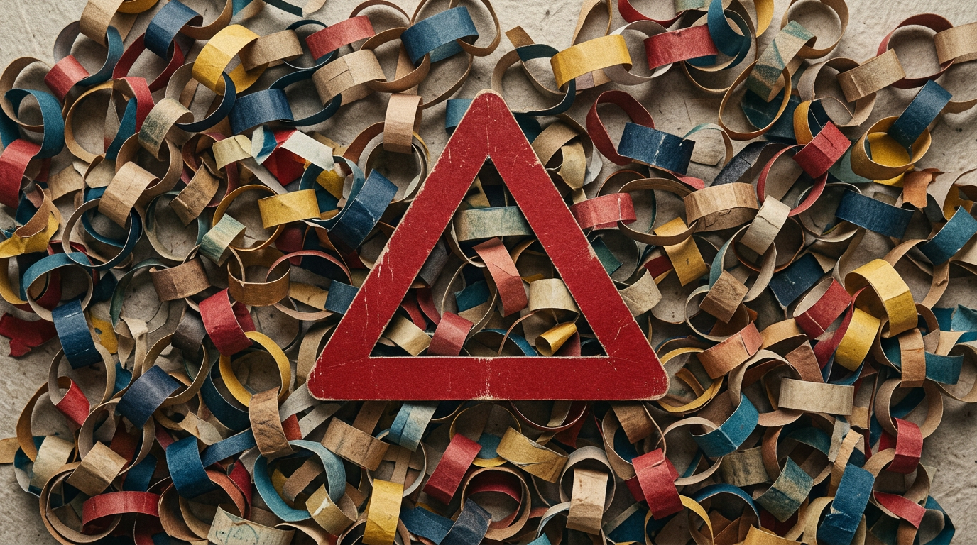 Red warning triangle over a maze of paper chains