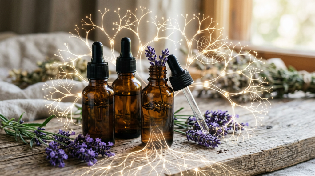 Amber essential oil bottles with a glowing network tree