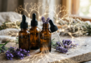 Amber essential oil bottles with a glowing network tree