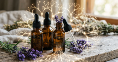 Amber essential oil bottles with a glowing network tree