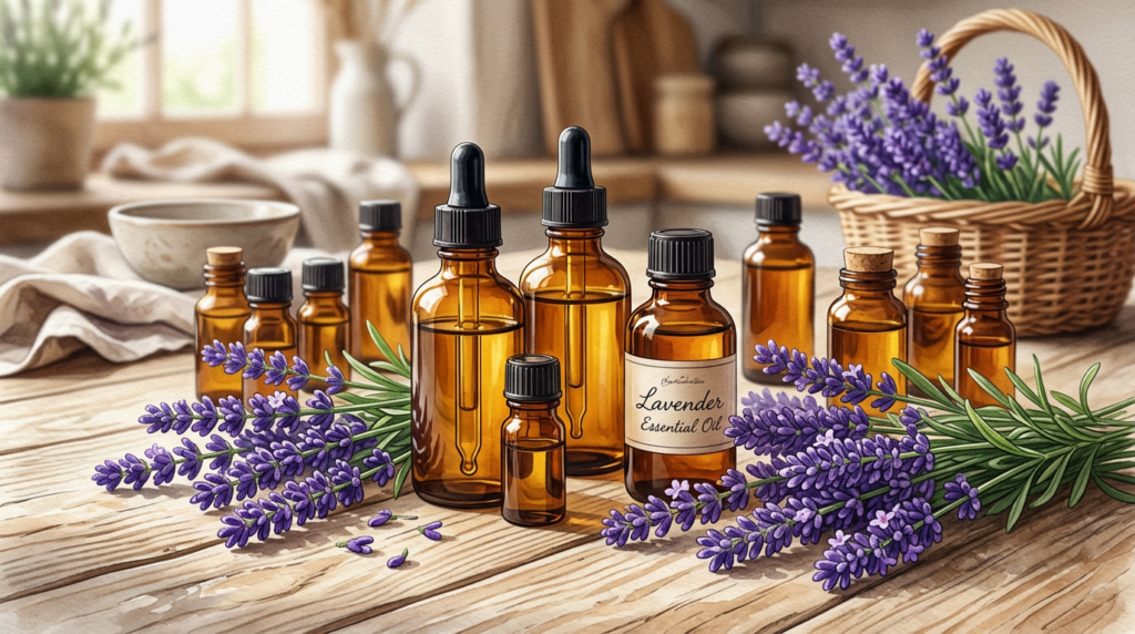 Amber essential oil bottles with lavender