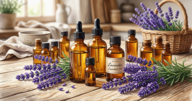 Amber essential oil bottles with lavender