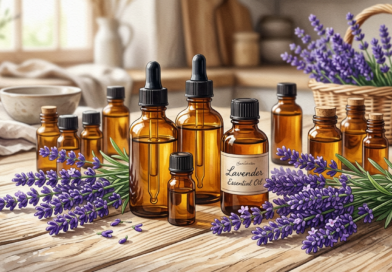 Amber essential oil bottles with lavender