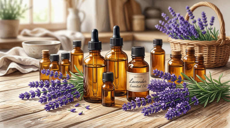 Amber essential oil bottles with lavender