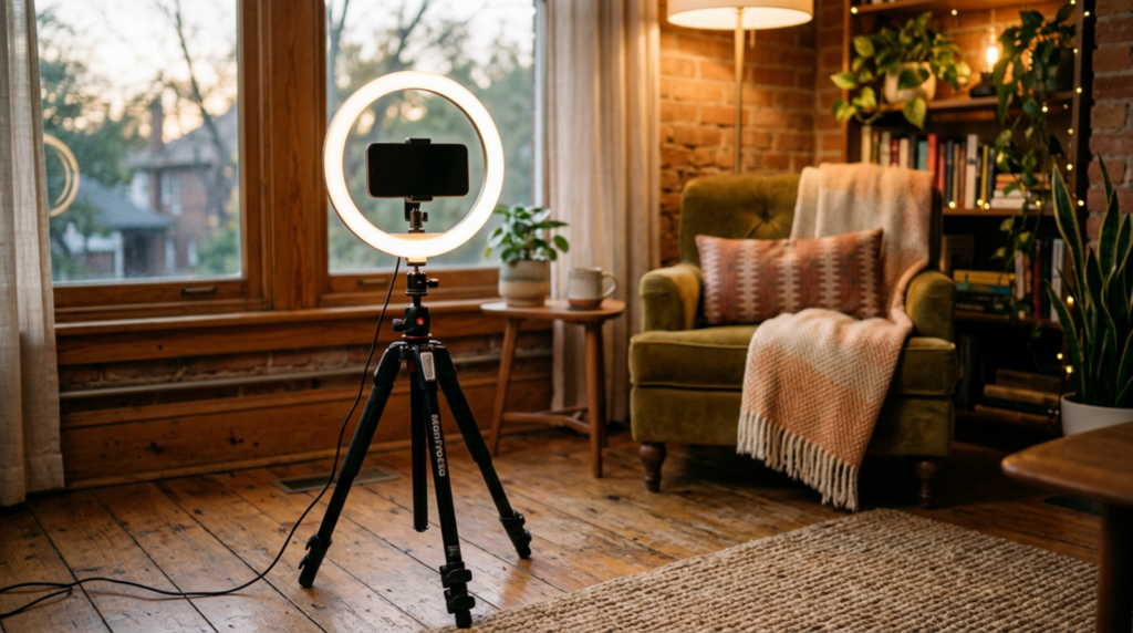 Smartphone on a tripod with a ring light in a cozy room