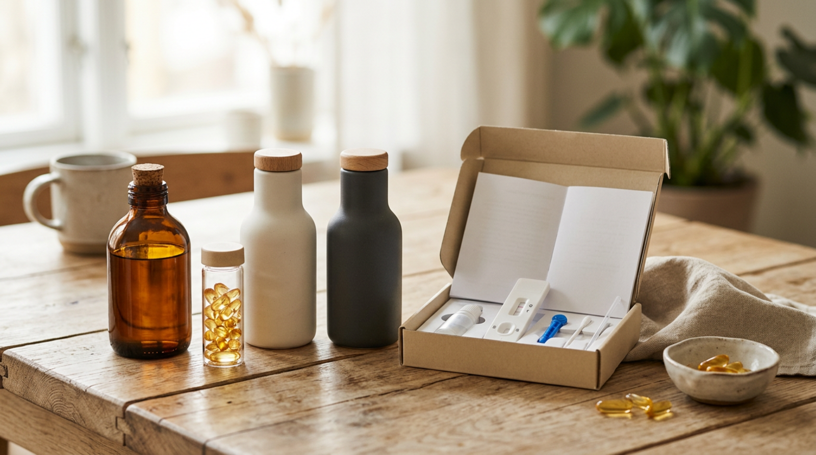 Omega oil bottles and a home test kit on a wooden table
