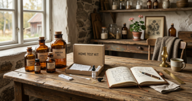 Omega oil bottles and test kit on wood