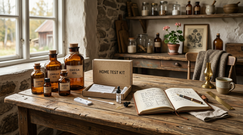 Omega oil bottles and test kit on wood